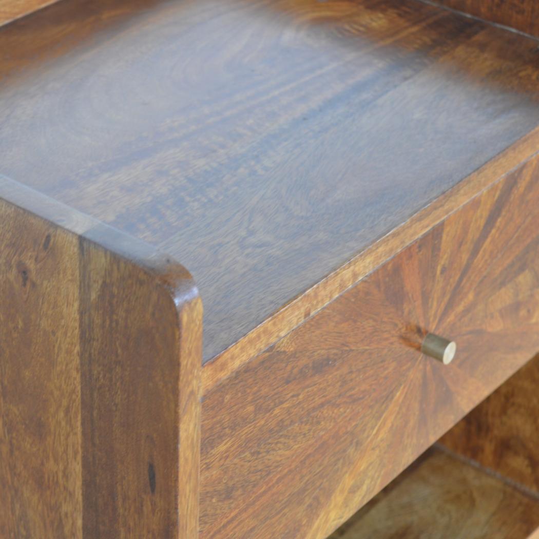Sunrise Carved Bedside Table | Solid Mango Wood | Chestnut Finish | Bedroom Storage