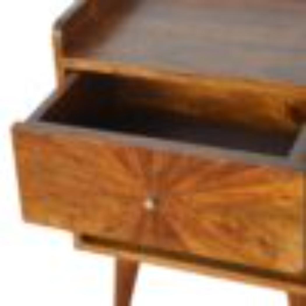 Sunrise Carved Bedside Table | Solid Mango Wood | Chestnut Finish | Bedroom Storage