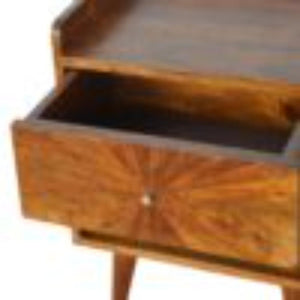 Sunrise Carved Bedside Table | Solid Mango Wood | Chestnut Finish | Bedroom Storage