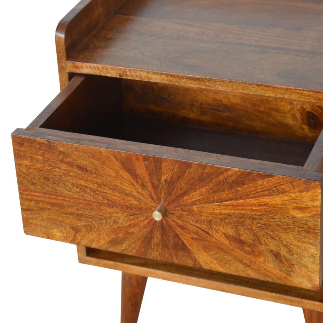 Sunrise Carved Bedside Table | Solid Mango Wood | Chestnut Finish | Bedroom Storage