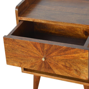Sunrise Carved Bedside Table | Solid Mango Wood | Chestnut Finish | Bedroom Storage