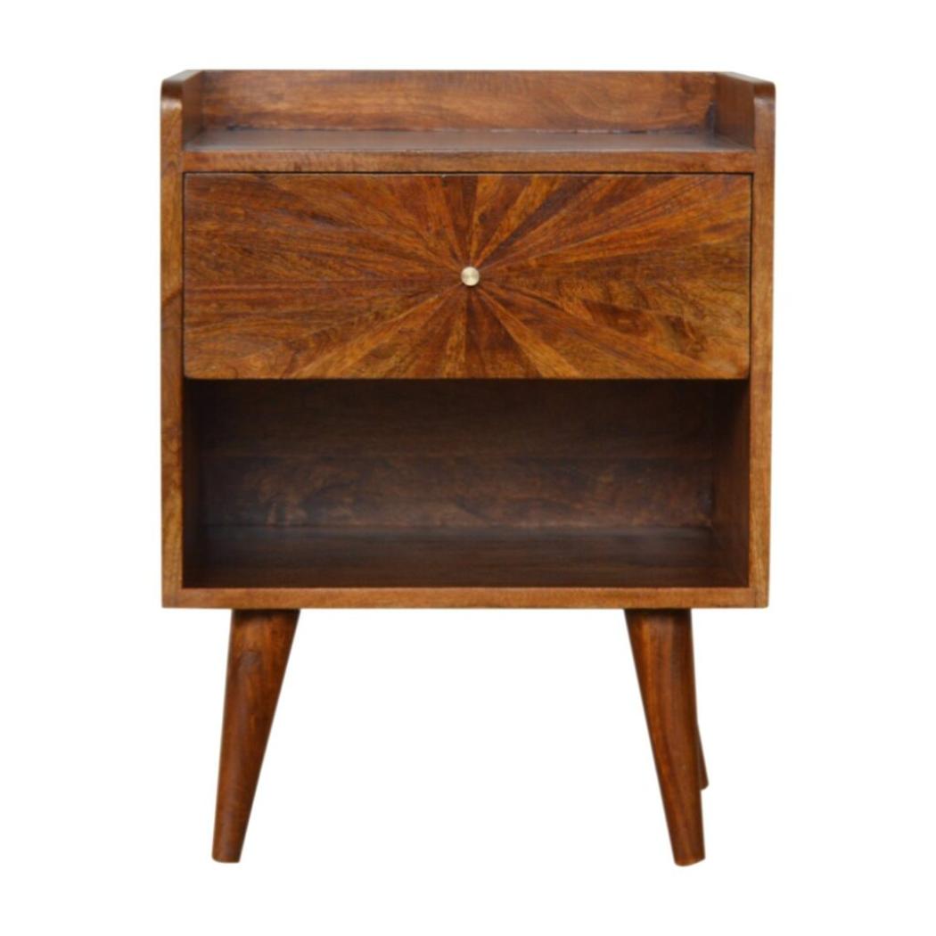 Sunrise Carved Bedside Table | Solid Mango Wood | Chestnut Finish | Bedroom Storage