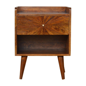 Sunrise Carved Bedside Table | Solid Mango Wood | Chestnut Finish | Bedroom Storage