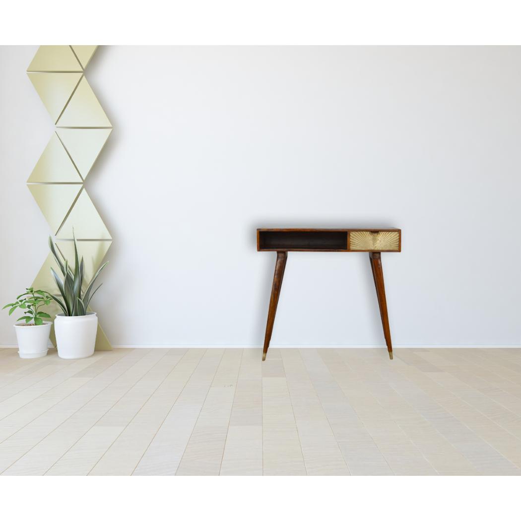 Sunrise Gold Carved Writing Desk | Solid Mango Wood | Chestnut Finish | Home Office Table