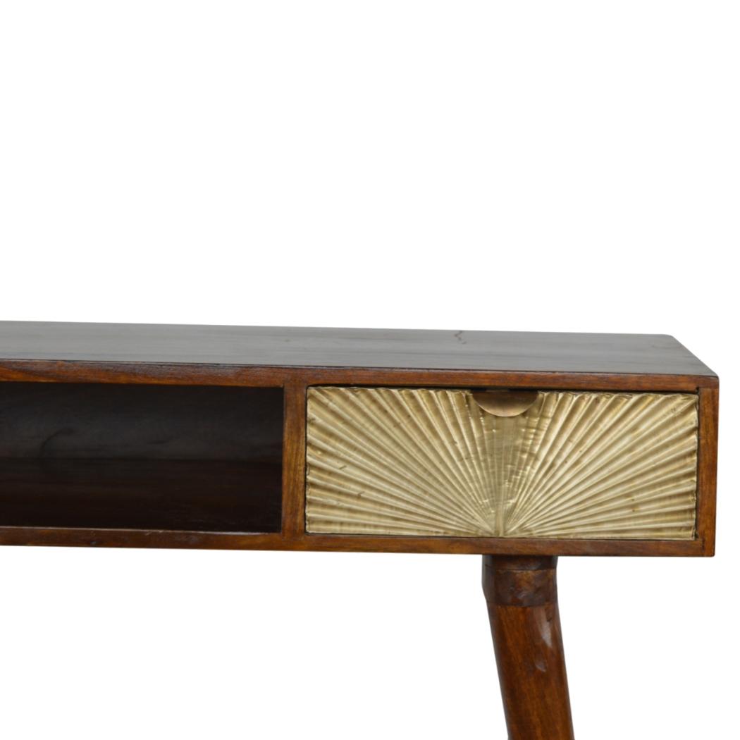 Sunrise Gold Carved Writing Desk | Solid Mango Wood | Chestnut Finish | Home Office Table