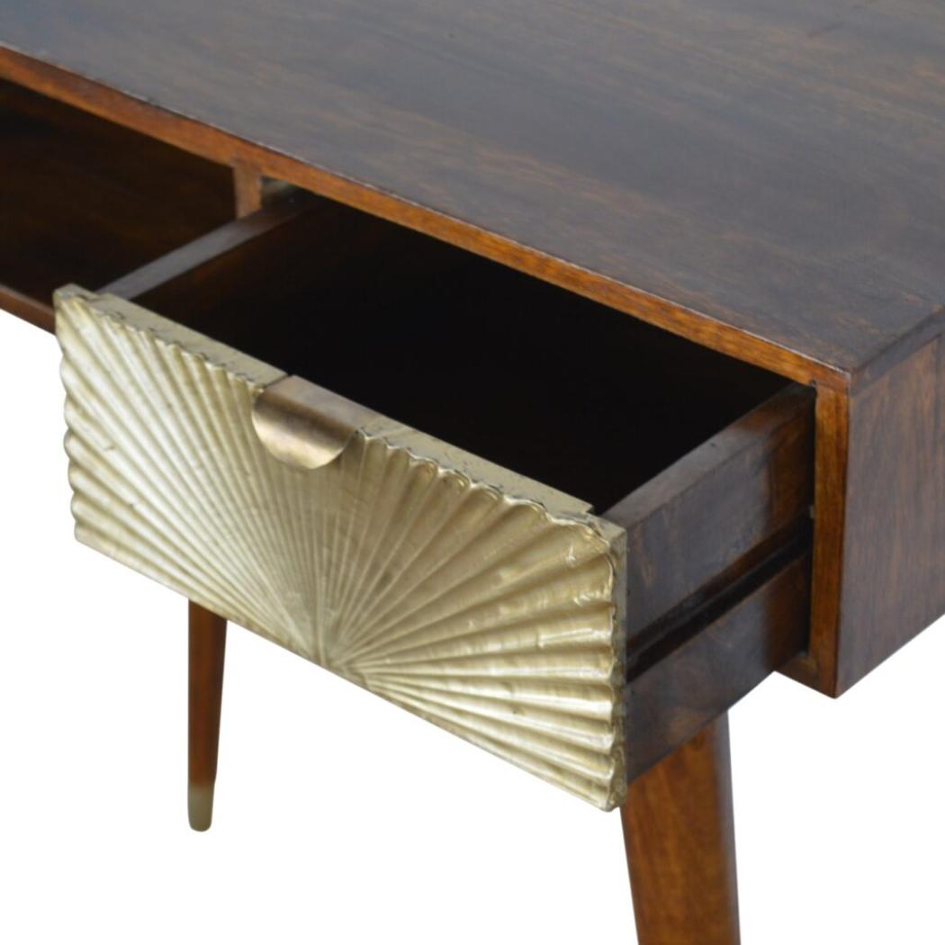 Sunrise Gold Carved Writing Desk | Solid Mango Wood | Chestnut Finish | Home Office Table