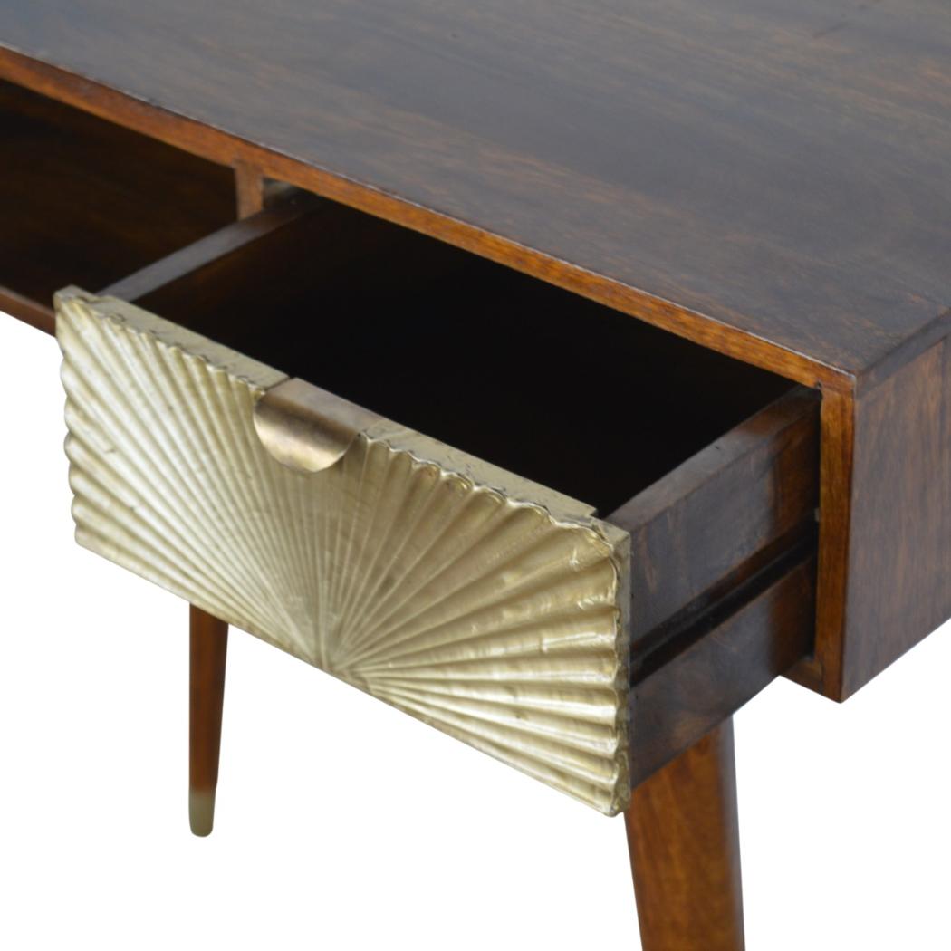 Sunrise Gold Carved Writing Desk | Solid Mango Wood | Chestnut Finish | Home Office Table