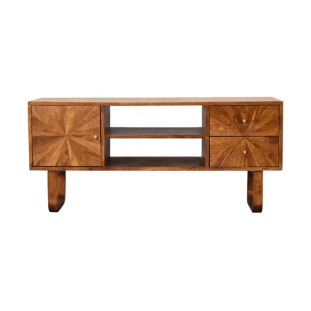 Sunrise Media Unit | Solid Mango Wood | Chestnut Finish | Carved Storage