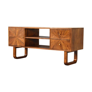Sunrise Media Unit | Solid Mango Wood | Chestnut Finish | Carved Storage