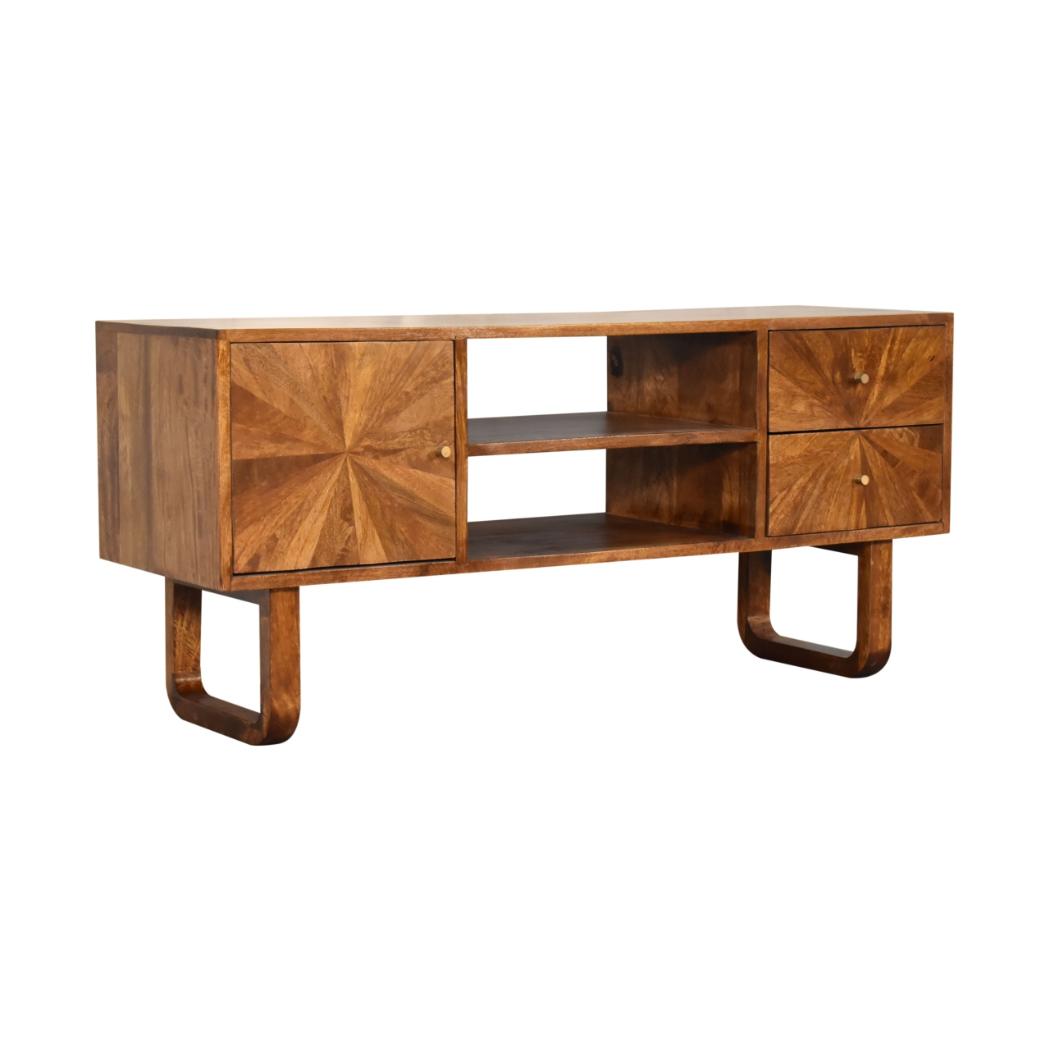 Sunrise Media Unit | Solid Mango Wood | Chestnut Finish | Carved Storage