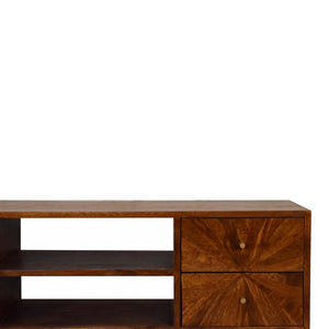 Sunrise Media Unit | Solid Mango Wood | Chestnut Finish | Carved Storage