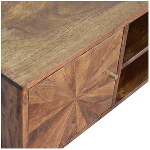 Sunrise Media Unit | Solid Mango Wood | Chestnut Finish | Carved Storage