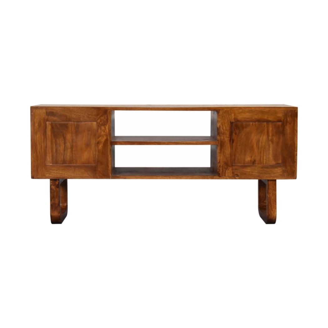Sunrise Media Unit | Solid Mango Wood | Chestnut Finish | Carved Storage