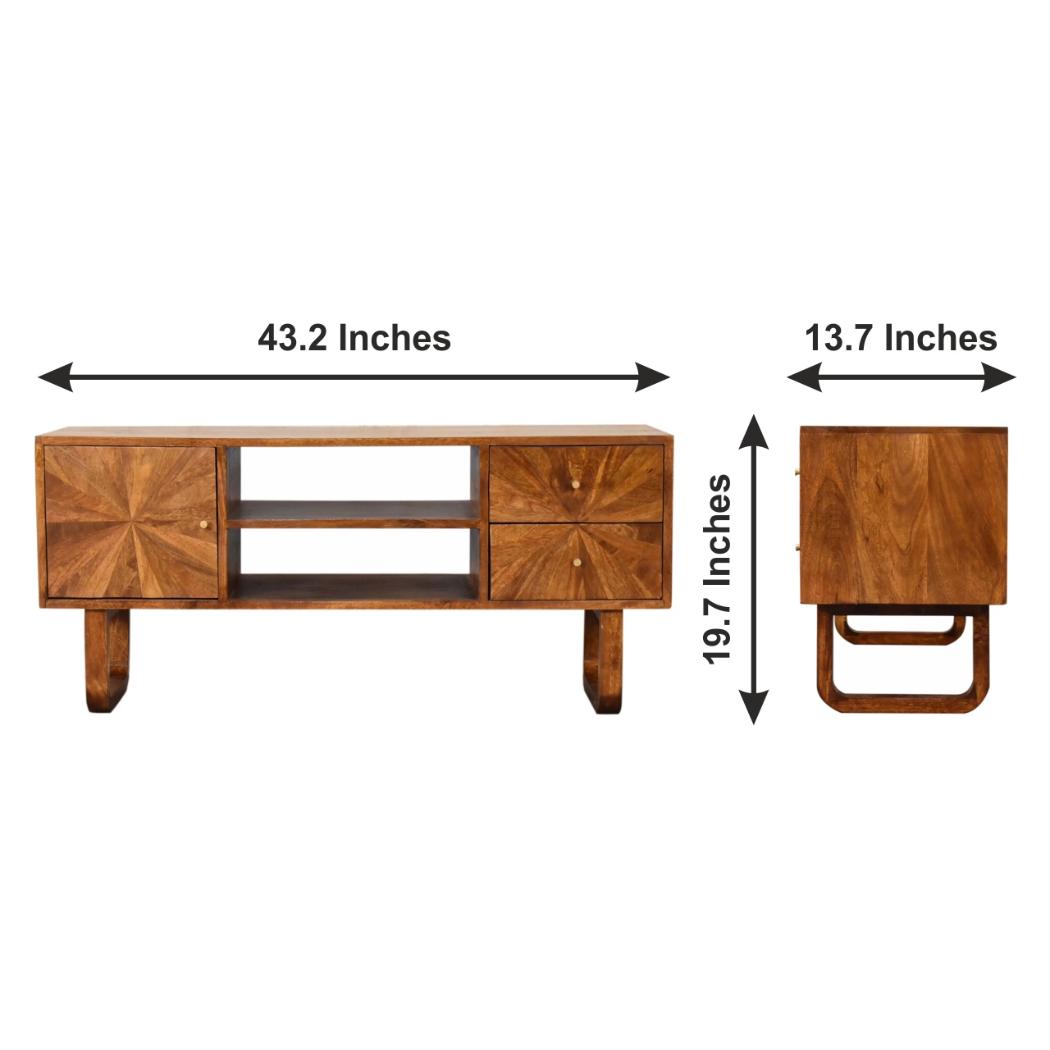 Sunrise Media Unit | Solid Mango Wood | Chestnut Finish | Carved Storage