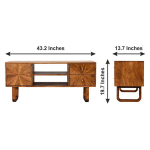 Sunrise Media Unit | Solid Mango Wood | Chestnut Finish | Carved Storage