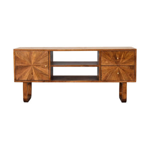 Sunrise Media Unit | Solid Mango Wood | Chestnut Finish | Carved Storage