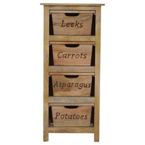 Tall Kitchen Storage Cabinet | Solid Mango Wood | Oak Finish | 4 Utility Bin Organiser