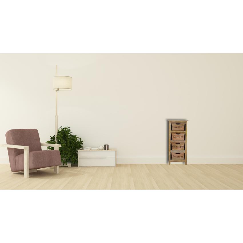 Tall Kitchen Storage Cabinet | Solid Mango Wood | Oak Finish | 4 Utility Bin Organiser