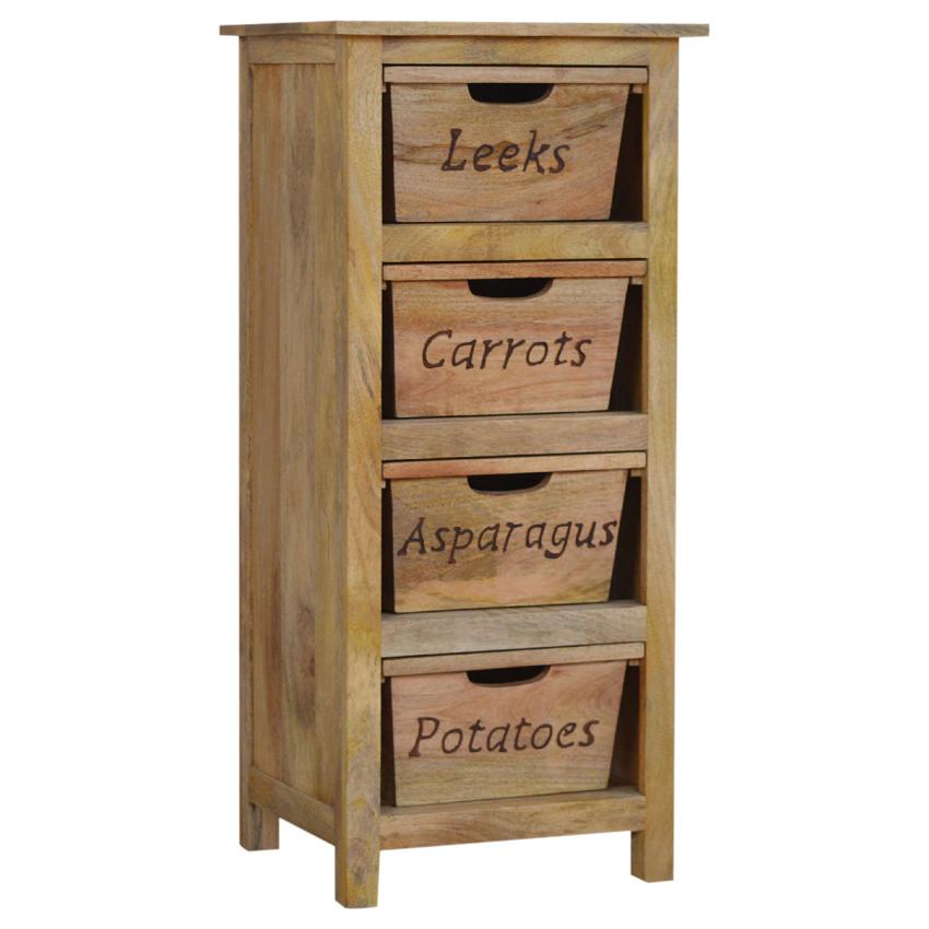 Tall Kitchen Storage Cabinet | Solid Mango Wood | Oak Finish | 4 Utility Bin Organiser