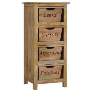 Tall Kitchen Storage Cabinet | Solid Mango Wood | Oak Finish | 4 Utility Bin Organiser
