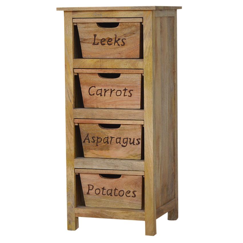 Tall Kitchen Storage Cabinet | Solid Mango Wood | Oak Finish | 4 Utility Bin Organiser