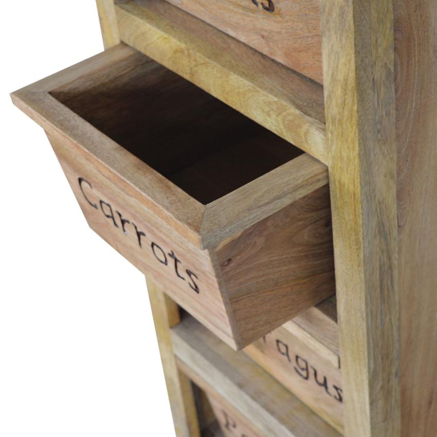 Tall Kitchen Storage Cabinet | Solid Mango Wood | Oak Finish | 4 Utility Bin Organiser