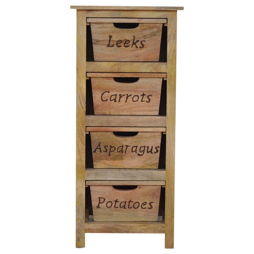 Tall Kitchen Storage Cabinet | Solid Mango Wood | Oak Finish | 4 Utility Bin Organiser