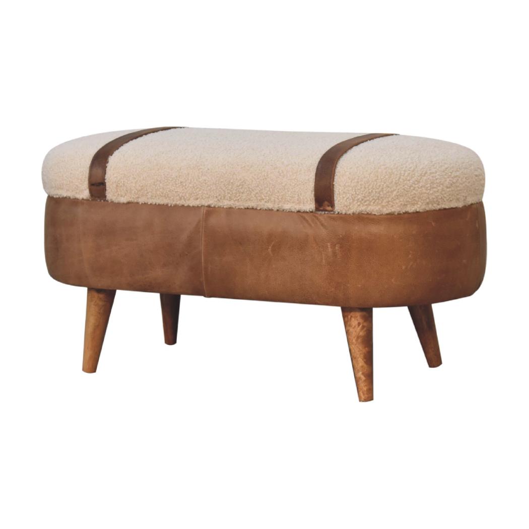 Tan Buffalo Leather & Bouclé Nordic Bench | Mixed Texture Upholstery | Modern Seating
