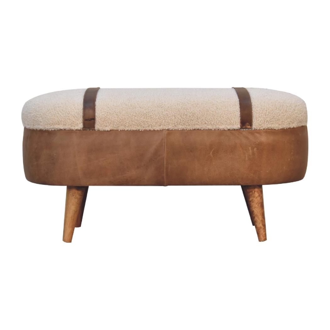 Tan Buffalo Leather & Bouclé Nordic Bench | Mixed Texture Upholstery | Modern Seating