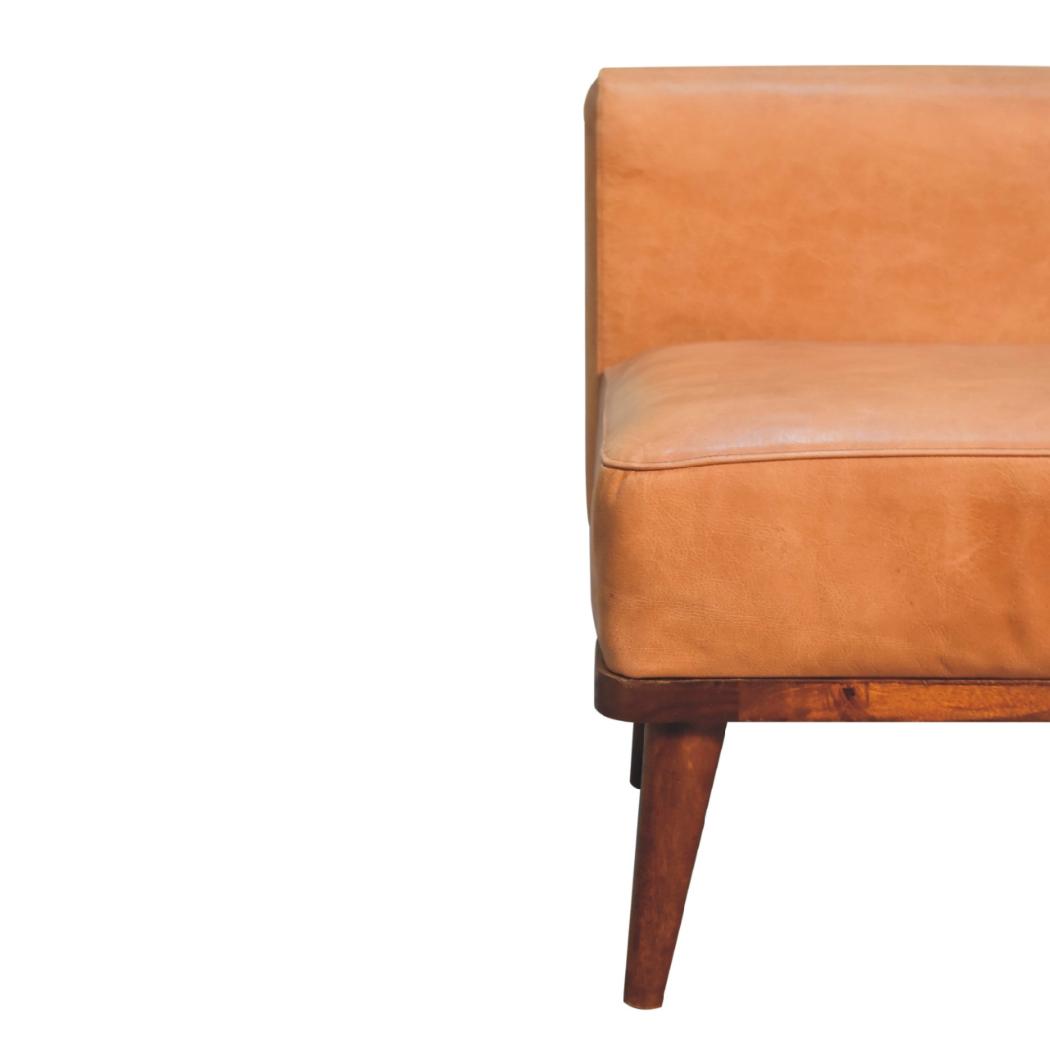 Tan Buffalo Leather Backrest Footstool | Solid Mango Wood | Chestnut Finish | Nordic Legs