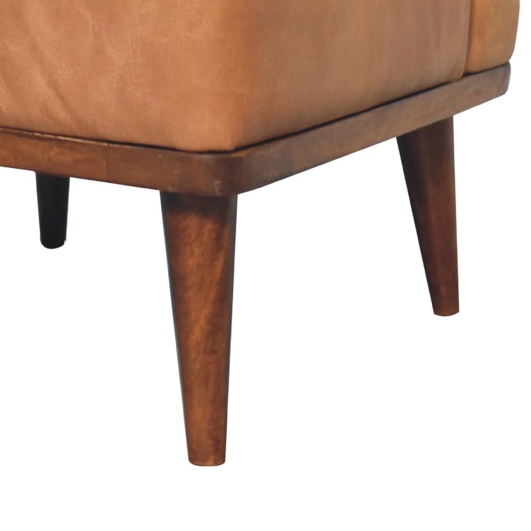 Tan Buffalo Leather Backrest Footstool | Solid Mango Wood | Chestnut Finish | Nordic Legs