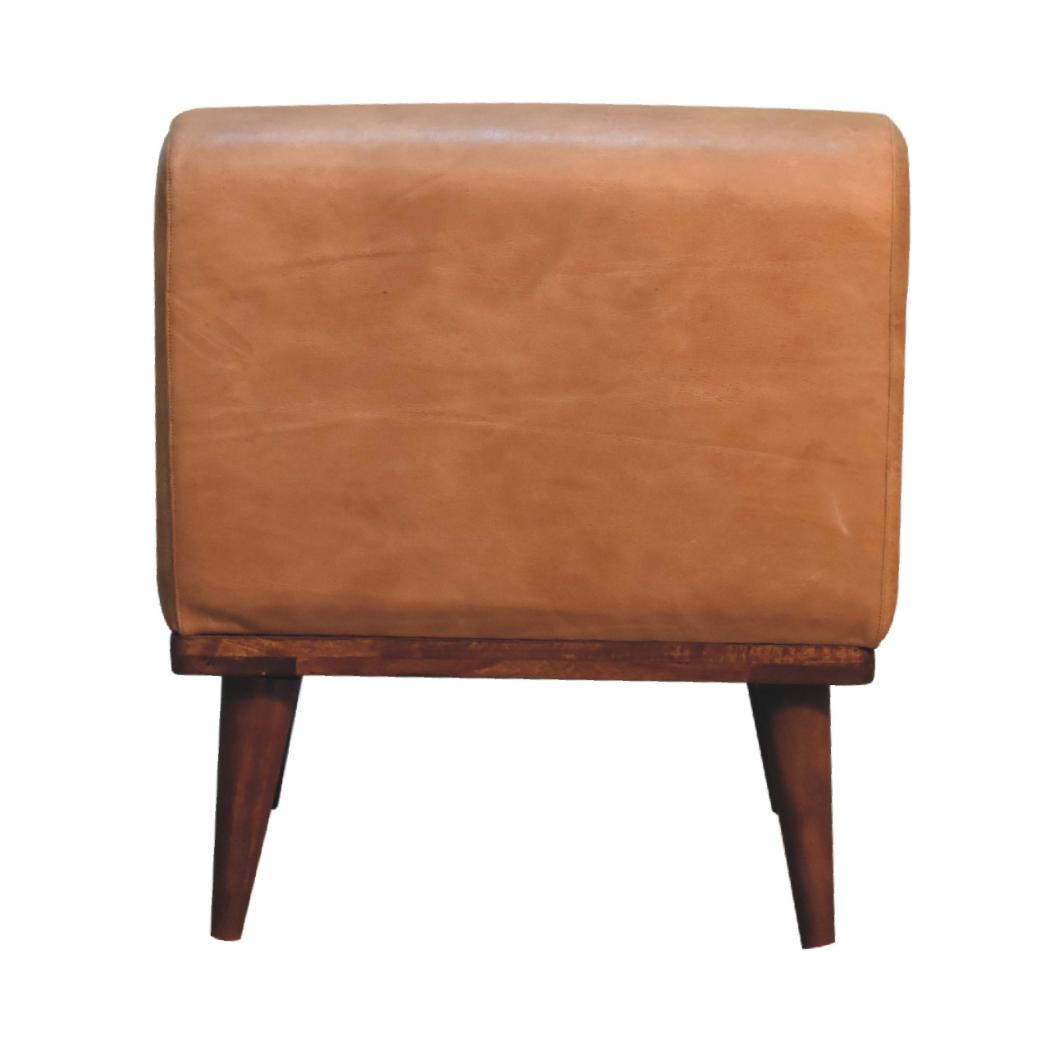 Tan Buffalo Leather Backrest Footstool | Solid Mango Wood | Chestnut Finish | Nordic Legs