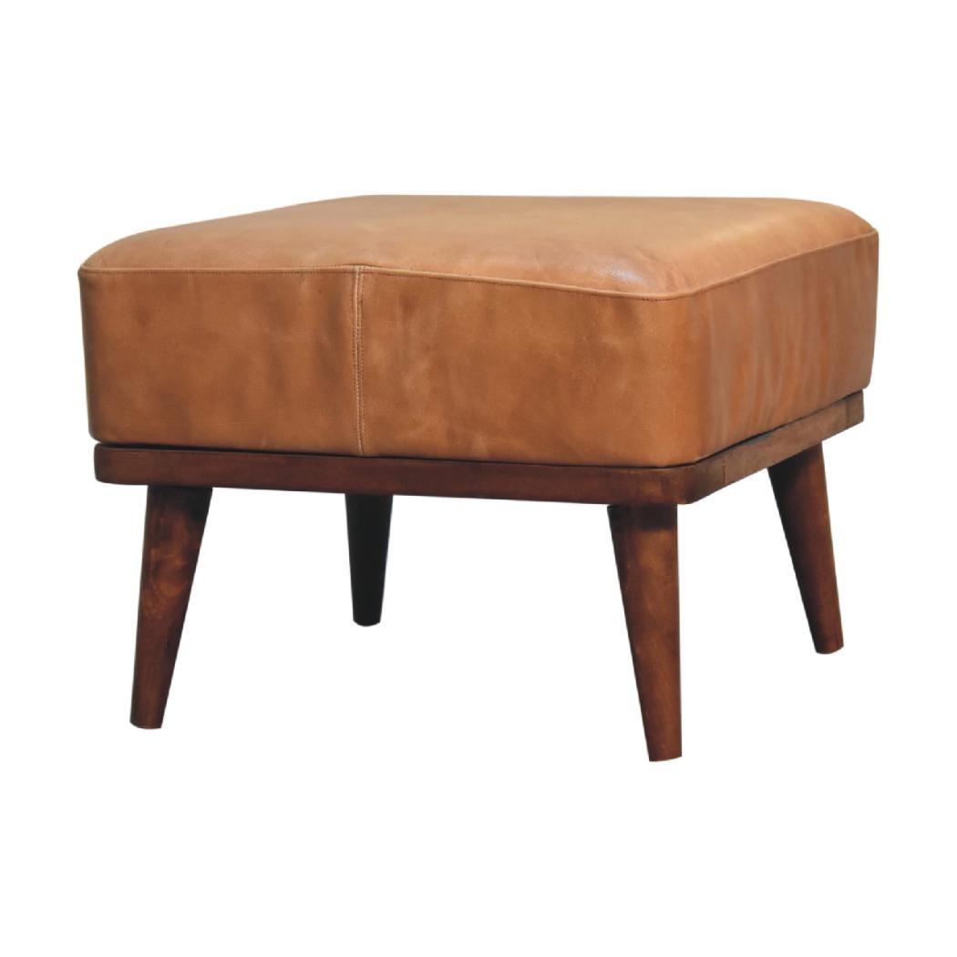 Tan Buffalo Leather Footstool | Solid Mango Wood | Chestnut Finish | Compact Ottoman