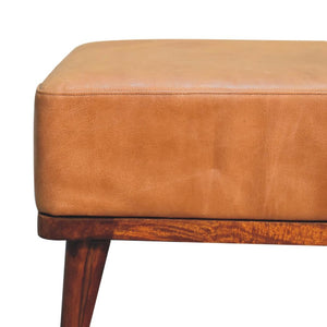 Tan Buffalo Leather Footstool | Solid Mango Wood | Chestnut Finish | Compact Ottoman
