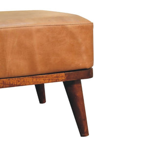 Tan Buffalo Leather Footstool | Solid Mango Wood | Chestnut Finish | Compact Ottoman