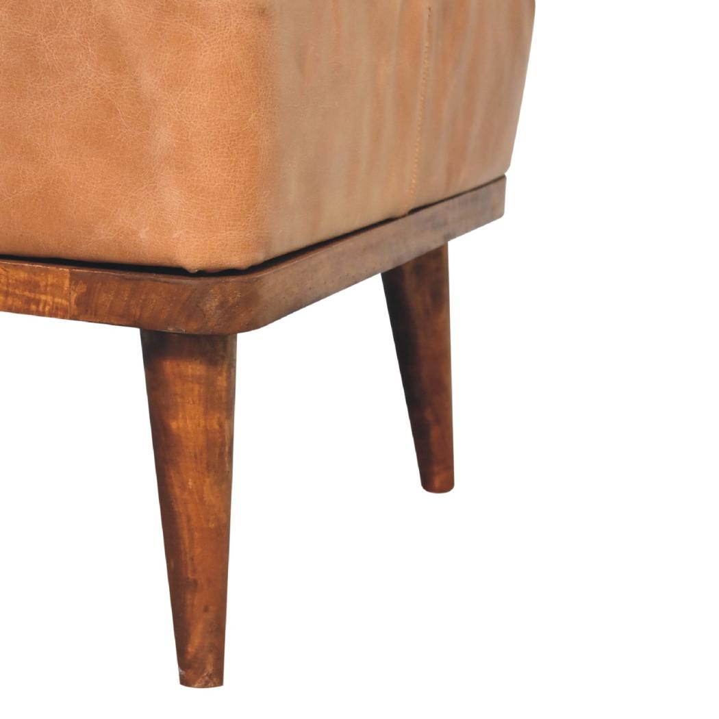Tan Buffalo Leather Footstool | Solid Mango Wood | Chestnut Finish | Compact Ottoman