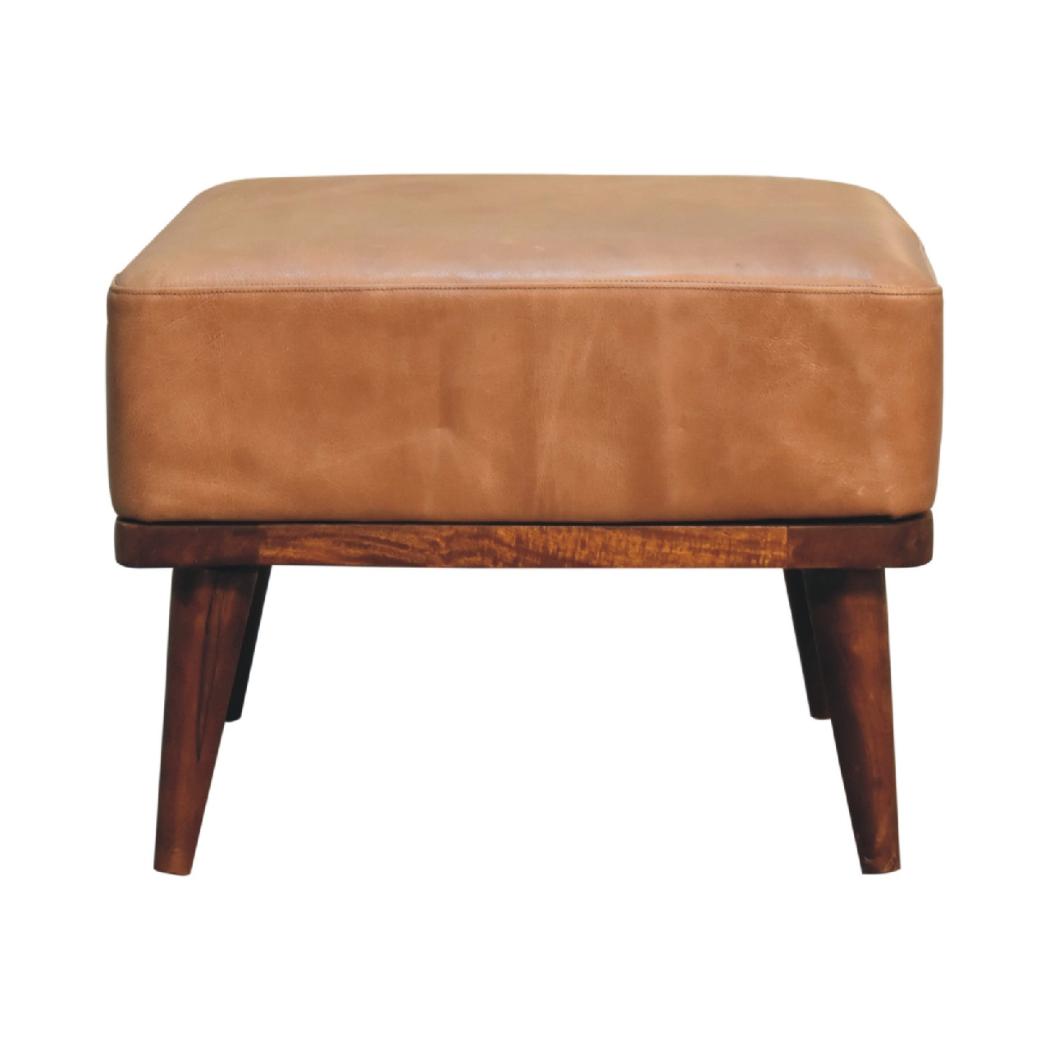 Tan Buffalo Leather Footstool | Solid Mango Wood | Chestnut Finish | Compact Ottoman