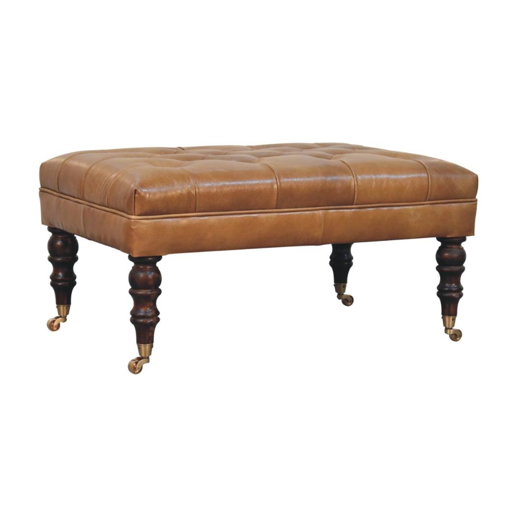 Tan Leather Ottoman | Solid Mango Wood | California Walnut Finish | Castor Legs