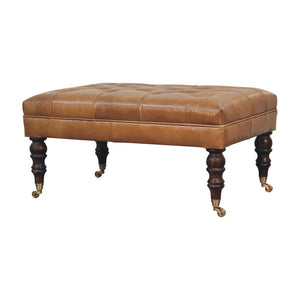 Tan Leather Ottoman | Solid Mango Wood | California Walnut Finish | Castor Legs