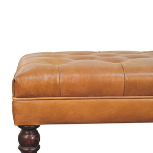 Tan Leather Ottoman | Solid Mango Wood | California Walnut Finish | Castor Legs