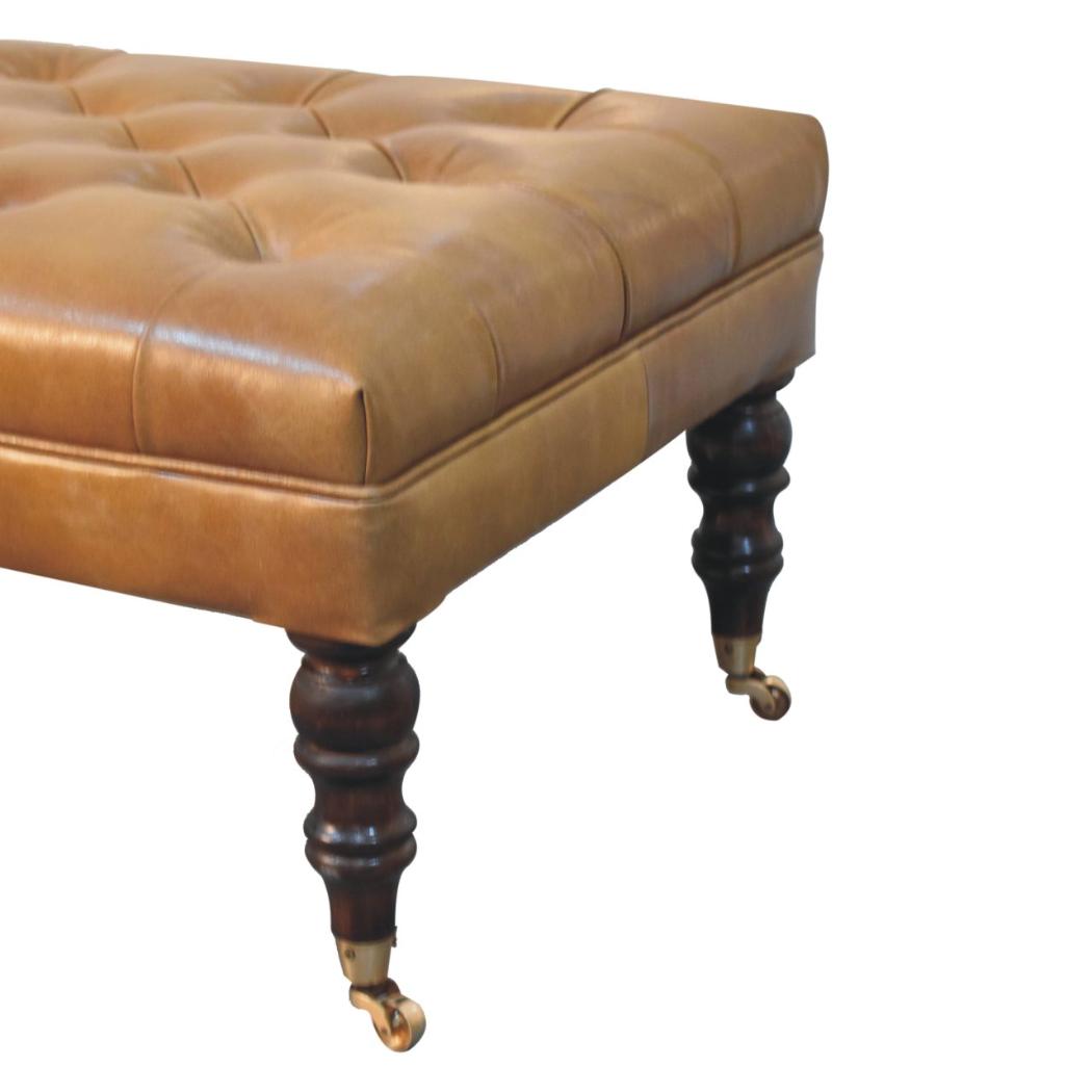 Tan Leather Ottoman | Solid Mango Wood | California Walnut Finish | Castor Legs
