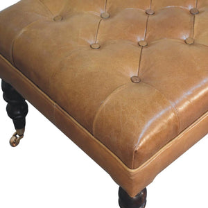 Tan Leather Ottoman | Solid Mango Wood | California Walnut Finish | Castor Legs