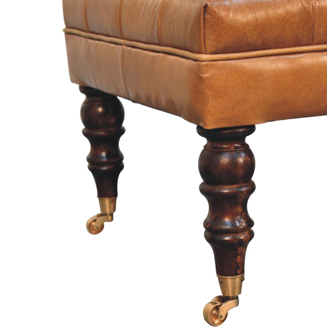 Tan Leather Ottoman | Solid Mango Wood | California Walnut Finish | Castor Legs