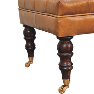 Tan Leather Ottoman | Solid Mango Wood | California Walnut Finish | Castor Legs