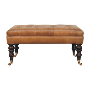 Tan Leather Ottoman | Solid Mango Wood | California Walnut Finish | Castor Legs