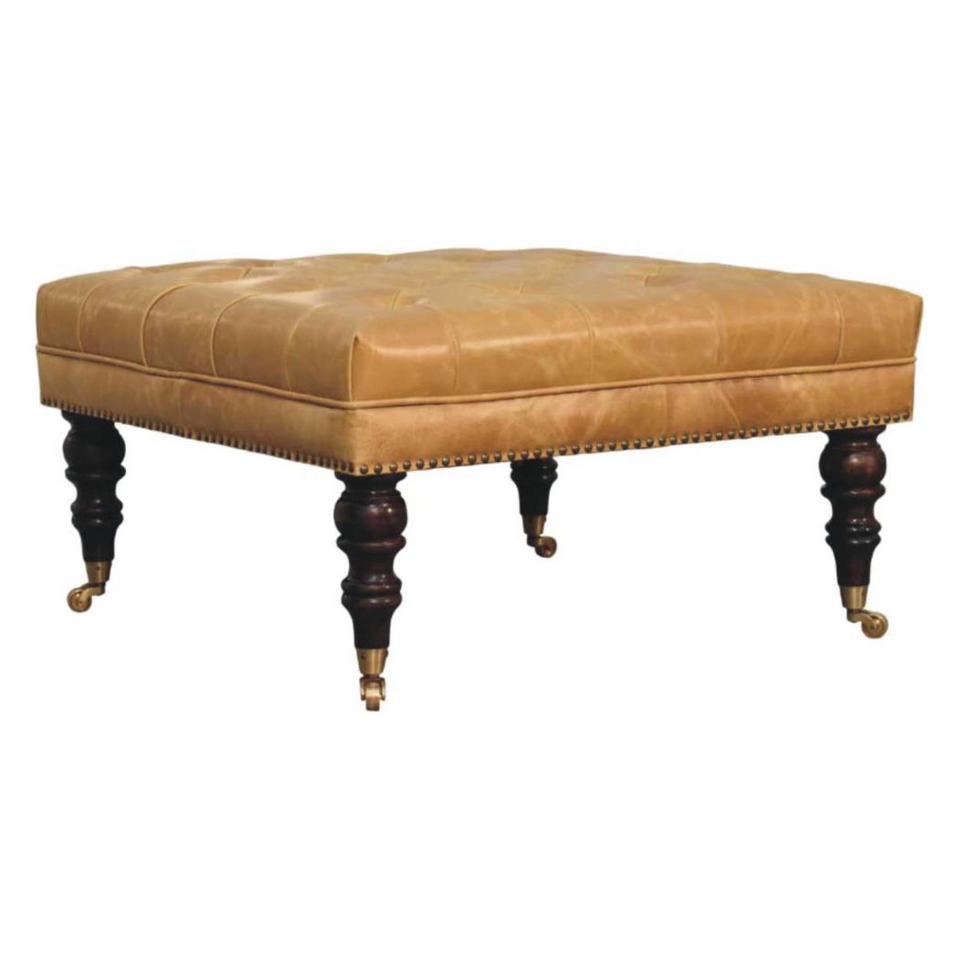 Tan Leather Upholstered Ottoman | Footstool | Accent Seat