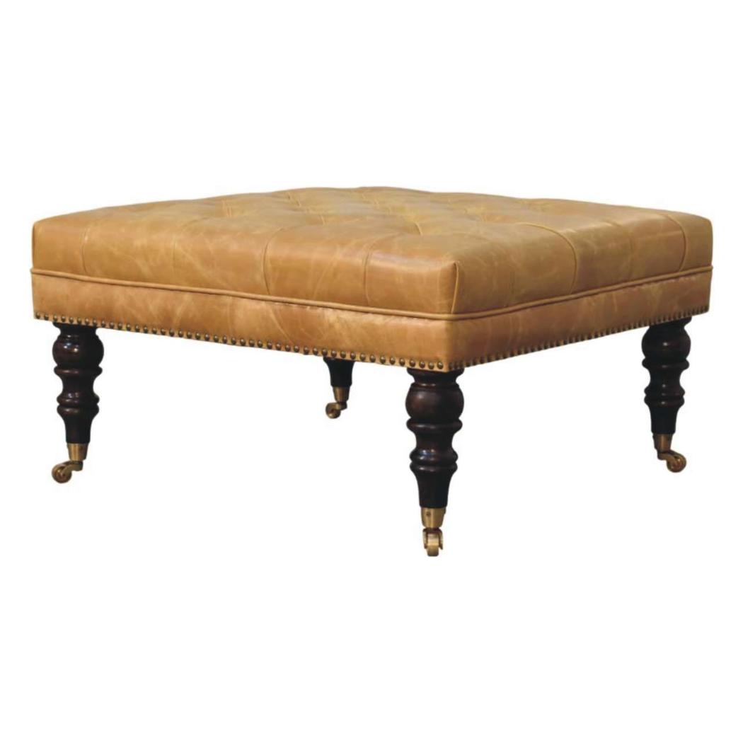 Tan Leather Upholstered Ottoman | Footstool | Accent Seat