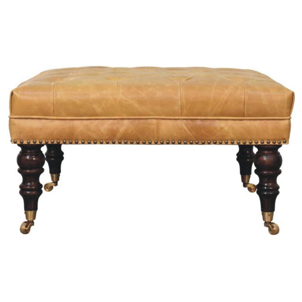 Tan Leather Upholstered Ottoman | Footstool | Accent Seat