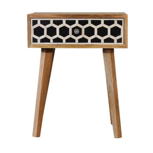Tapered Bone Inlay Bedside Table | Solid Mango Wood | Oak Finish | Drawer & Shelf