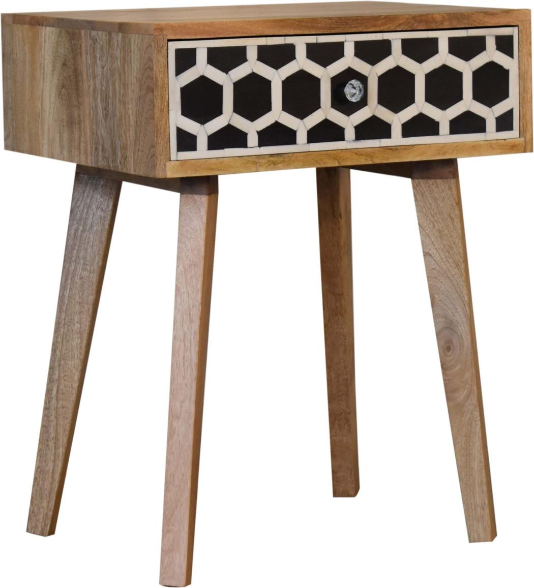Tapered Bone Inlay Bedside Table | Solid Mango Wood | Oak Finish | Drawer & Shelf